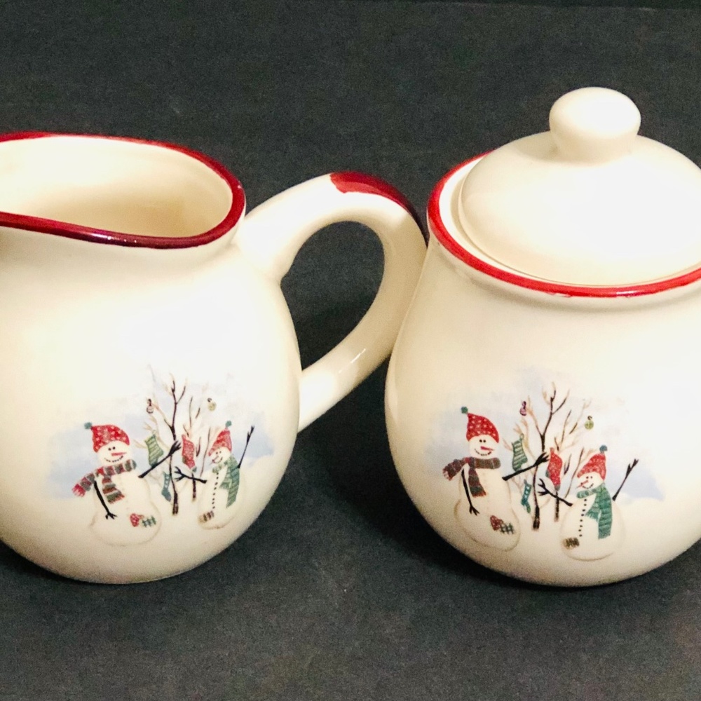 NEW Royal Season Christmas Snowman Stoneware Creamer and Sugar Bowl